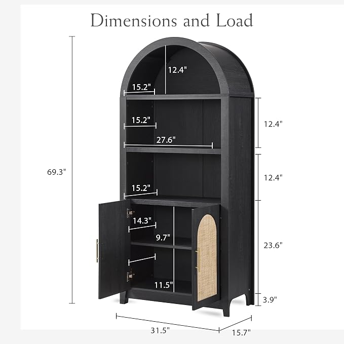 RowyPoey Rattan Arched Cabinet Bookshelf - 69.3” Tall Mid Century Display Cabinet, Rounded Bookcase with Rattan Doors, Open Shelf Storage for Dining Room (Black, 1 PC)