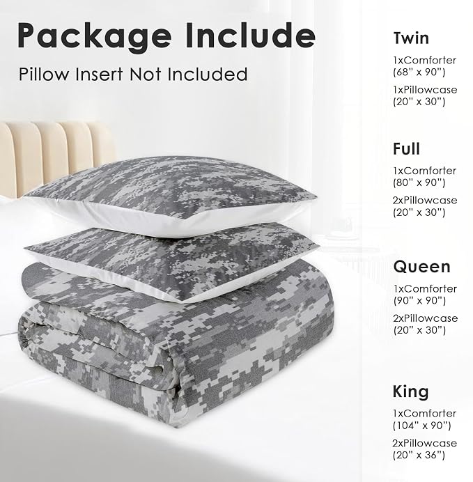 Comforter Set with Pillowcase Twin Size, Gray Camouflage Digital Camo Army Military, Bed Decor Grey Navy Brown Us Black White for Kids and Adults, Soft Cozy Bedroom Bedding Set