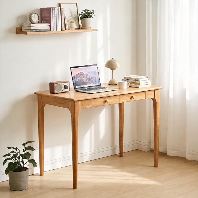 47" Solid Wood Desk with Drawers,Mid Century Modern Natural Real Wood Writing Desk,Home Bedroom Computer Office Workstation Desks,Small Spaces,Wood Color