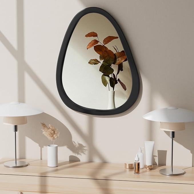 22.5" x 17.5" Irregular Wall Mirror, Black Wooden Framed Mirror, Asymmetrical Wall Mirror for Living Room Bedroom Bathroom Entryway, Small Modern Decorative Hanging Hook Style Mirror