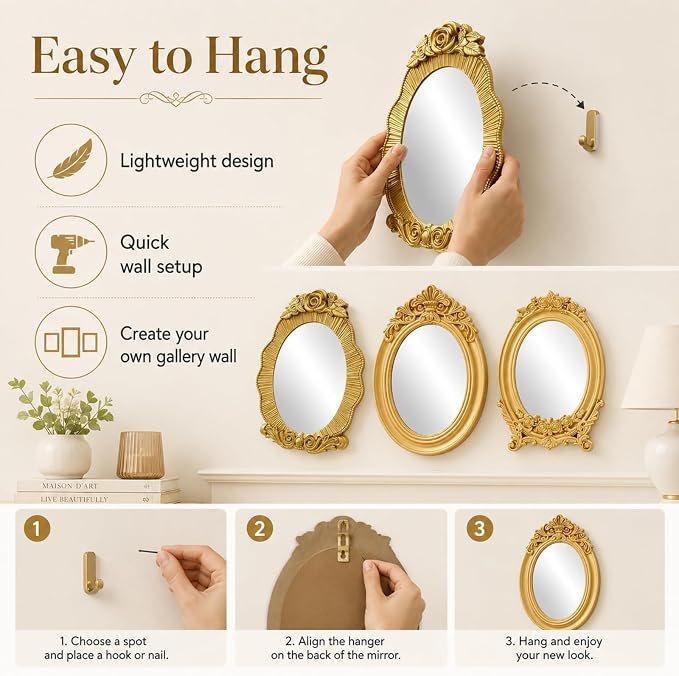 Mifoci Vintage French Wall Mirror Set of 3 Antique Decorative Gallery Wall Mirror Gold Hanging Antique Art Decor Ornate Baroque Style for Living Room Bedroom Home Decor (Oval)