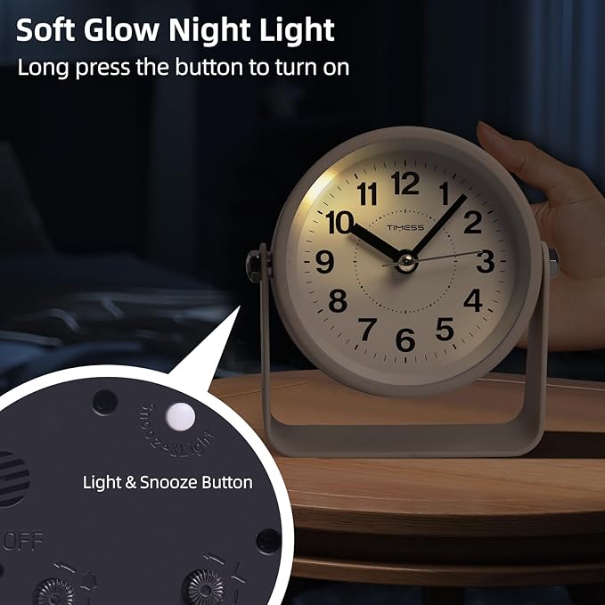 Analog Alarm Clock, Silent Non-Ticking Quartz Movement, Battery-Operated with Snooze & On-Demand Light, Easy to Set Gentle Wake Bedside Desk Clock, Ideal for Home, Travel, Office (Yellow)
