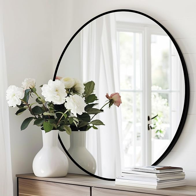 Black Round Mirror 18 inch, Black Circle Mirror, Round Wall Mirrors for Bathroom, Living Room, Hallway, Vanity, Over Sink, Mantel