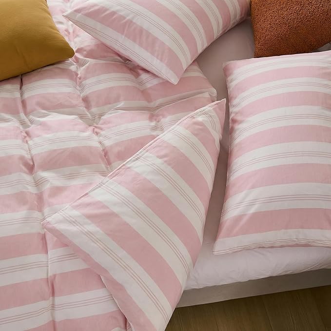 Merryword Pink Striped Duvet Cover Set Queen Size, 100% Cotton Bedding Set with Zipper Closure & 8 Corner Ties, Awning Stripe Bedding, Soft Breathable Comforter Cover for All Seasons
