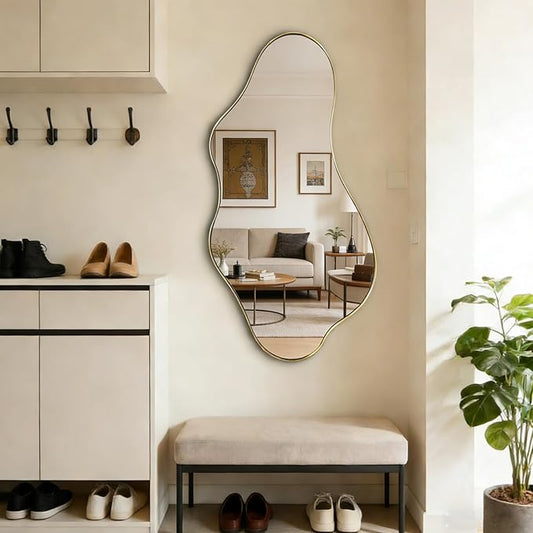 Irregular Mirror, 40"x18" Asymmetrical Wall Mirrors with Gold Metal Frame, Odd Shaped Mirror Decorative, Modern Abstract Mirrors for Living Room Bathroom Bedroom Hallway Entryway Fireplace