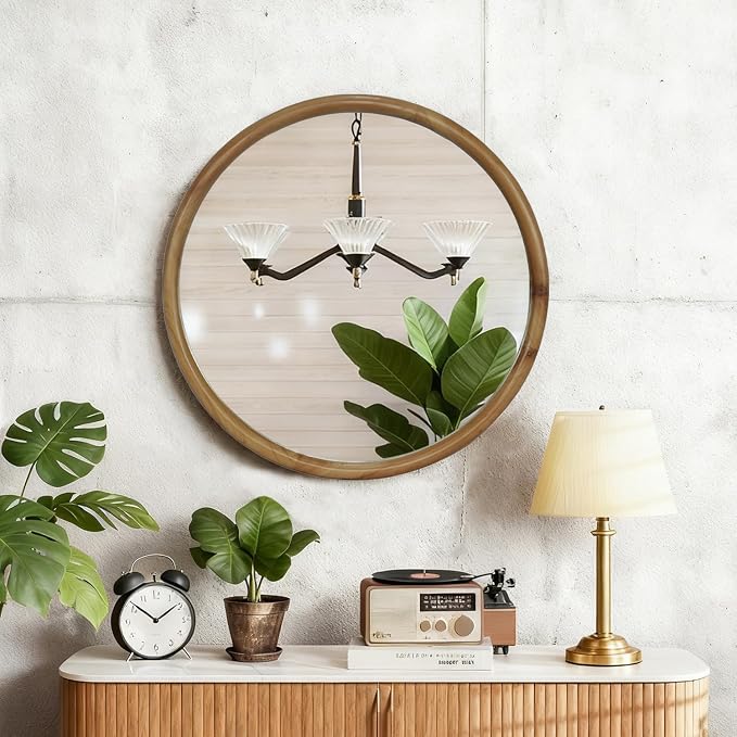 Round Wood Framed Wall Mirror Mid-Century Modern Decorative Bathroom, Bedroom, Entryway