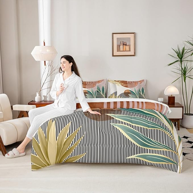 Erosebridal 7 Piece Boho Mid Century Bedding Sets Queen Vintage Comforter Set for Boys Girls,Abstarct Retro Stripes Bed in a Bag Modern Minimalist Simplistic Sheet Set with Comforter,Brown