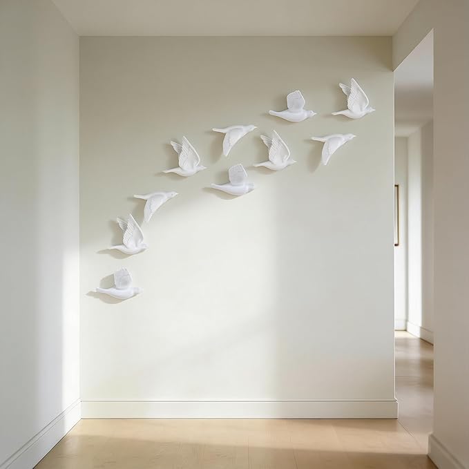 SHENGTIAN 3 Piece 3D Bird Wall Hanging - Wall Decor Flying Birds Wall Sculptures, Resin Relief Art Work for Home Wall Decor, Small Unique Wall Art with Adhesive (White)
