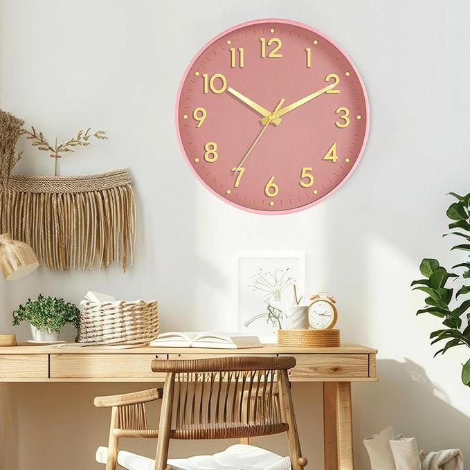 Mosewa Wall Clock 10 Inch, Battery Operated Silent Non-Ticking Modern Analog Clock Decorative for Kitchen, Bedroom, Office, Living Room(Pink Gold)