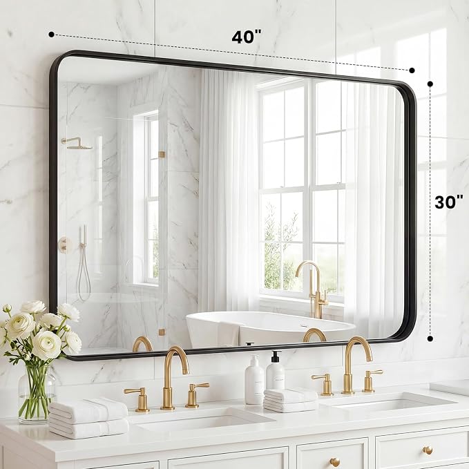 30"x 40" Black Bathroom Mirror for Sink, Rectangle Vanity Mirror for Wall, Over Sink, Farmhouse, Restroom, Anti-Rust, Modern Decorative, Horizontal or Vertical Hanging
