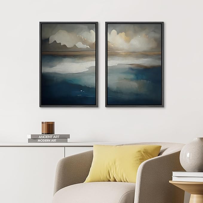 IDEA4WALL Framed Canvas Print Wall Art Set Ocean Cloudscape Blue and Beige Abstract Seascape Illustrations Modern Art Decorative Bohemian Calm/Zen for Living Room, Bedroom, Office - 16"x24"x2 Black