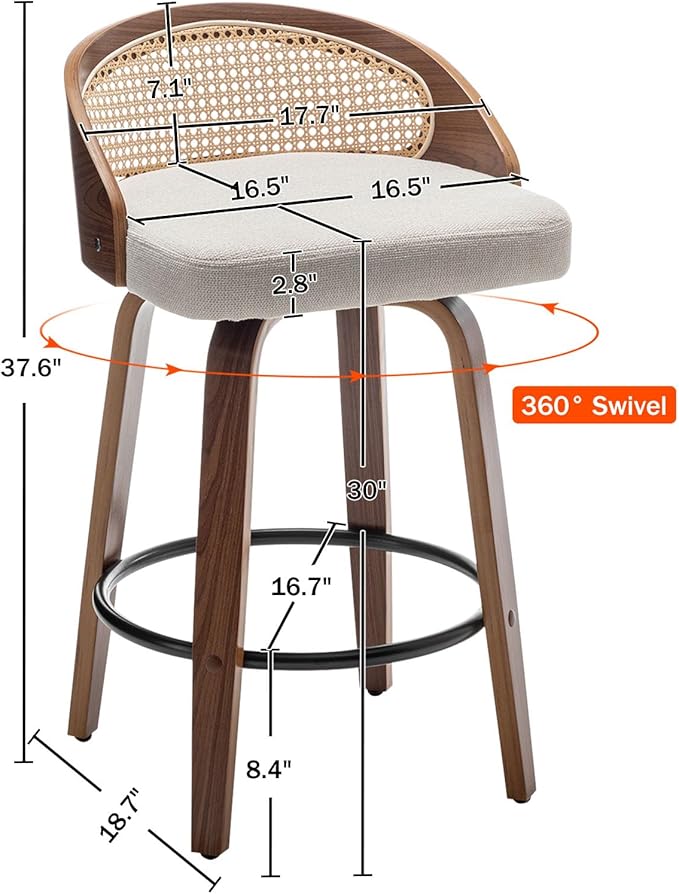 30" Swivel Rattan Bar Stools,Mid-Century Modern Beige Linen Fabric Upholstered Counter Height Stools,Kitchen Island Barstools with Rattan Low Backrest,Walnut Wood Finish Bar Chair,1PCS