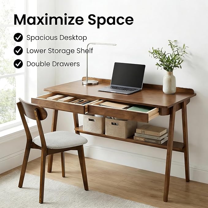Wooden Writing Desk with Drawers, Small Solid Wood Desk, Mid Century Modern Desk with Storage Shelf & Side Hooks for Small Spaces/Study/Bedroom/Office (Walnut)