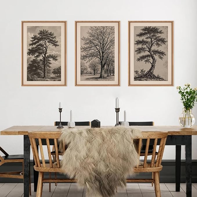 HPINUB Vintage Sketch Tree Framed Canvas Wall Art Set,Modern Nature Botanical Wall Decor, Antique Wilderness Tree Artwork,Minimalist Neutral Art Prints for Living Room,Bedroom,Farmhouse-24"x36"x3