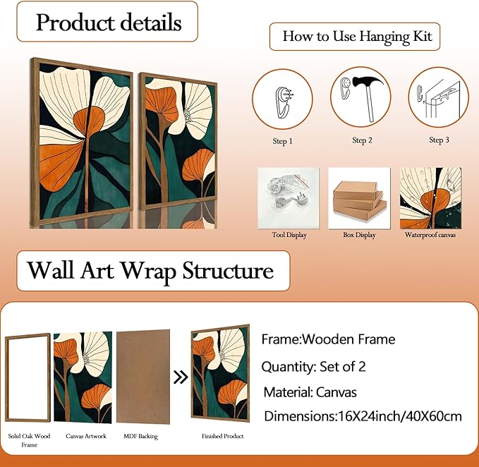 Mid Century Modern Flower Wall Art Vintage Abstract Botanical Wall Decor Painting Set of 2 Boho Dark Floral Poster Canvas Print Pictures for Living Room Bedroom 16x24 inch Wood Framed