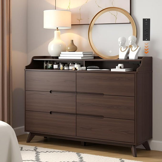Dresser for Bedroom with 6 Drawers, 55" Large Dresser & Chest of Drawers with Charging Station, Wood Closet Clothes Storage Long Dressers Organizer for Bedroom Living Room Hallway (Brown)