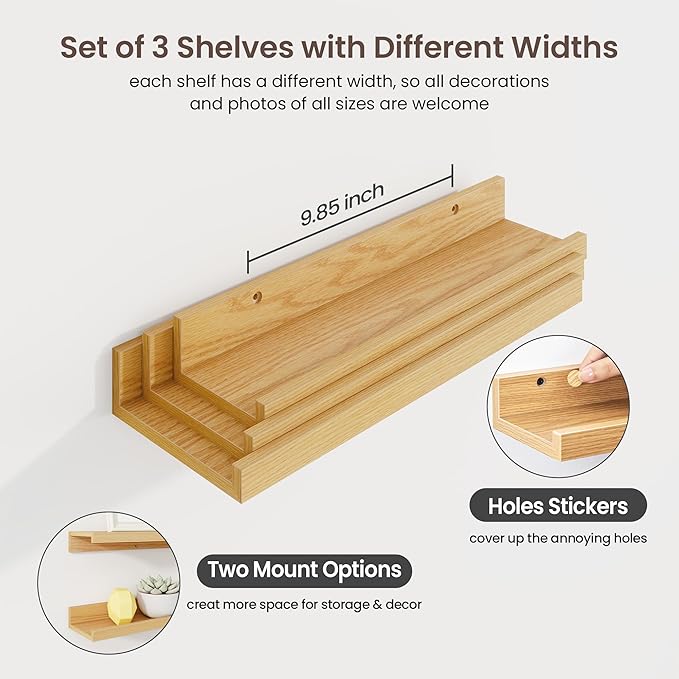 Axeman Picture Ledge Shelf | 16 Inch Oak Floating Shelves Set of 3 | Rustic Wood Wall Shelves with Lip | 16" Oak Picture Shelf for Wall with Ledge | Photo Shelves