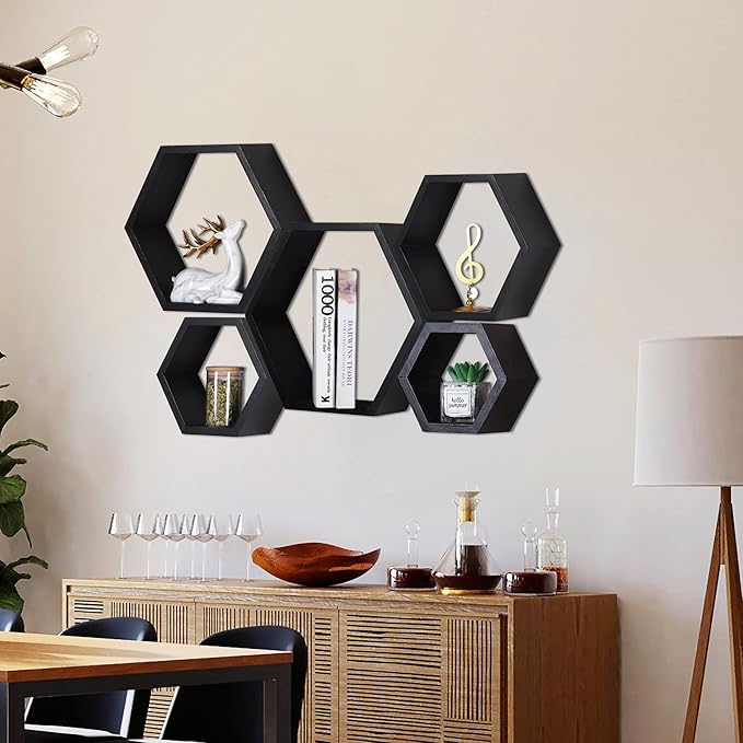 PHOENANCEE Hexagon Floating Shelves,Wall Mounted Wood Farmhouse Storage Honeycomb Shelf Set of 5,for Bathroom, Kitchen, Bedroom, Living Room,Office,Home Room Wall Decor Driftwood Finish