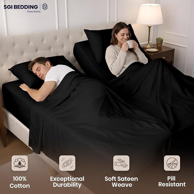 SGI Split King Sheet Set for Adjustable Bed Egyptian Premium Cotton 600 Thread Count Sheets for Sleep Number Bed 15" Deep Pocket 5 Pc Set with 2 Twin XL Fitted Sheets Soft Breathable -Black