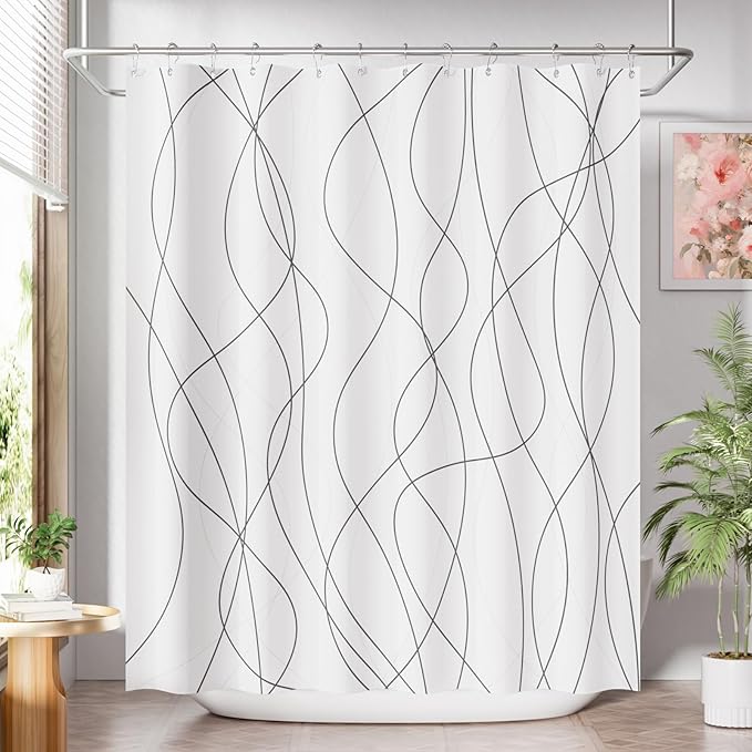 AmazerBath Shower Curtain, Rustic Abstract Black Striped Cloth Shower Curtain Sets with 12 Metal Shower Curtain Hooks, Luxury Washable Farmhouse Fabric Shower Curtains for Bathroom Decor, 72x72 Inches