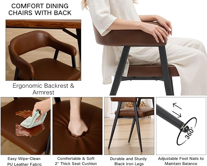 HNY Modern Dining Room Arm Chairs Set of 6, Retro Faux Leather Upholstered Barrel Dining Chairs with Arms Mid-Century Brown Accent Chair with Metal Legs, Open-Back Kitchen Side Chair for Living Room