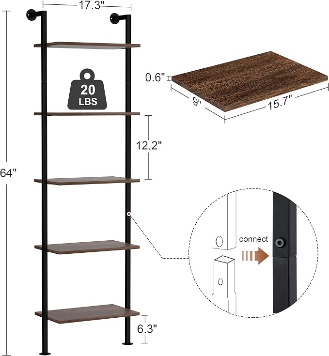 Acovy 5-Tier Bookshelf - Solid Wood Narrow Ladder Shelf Set of 2, Wall Mount Bookcase for Living Room, Bedroom - Industrial Style, Dark Brown