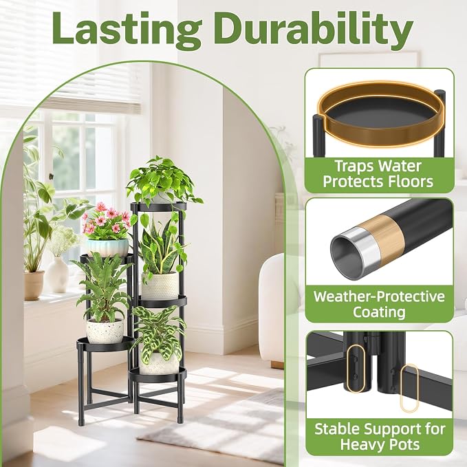 iDavosic.ly Plant Stand Indoor Outdoor, 5 Tier Corner Metal Flower Display Holder Shelf, Folding Tall Orchid Rack for Patio Balcony Porch Garden Living Room House, Black