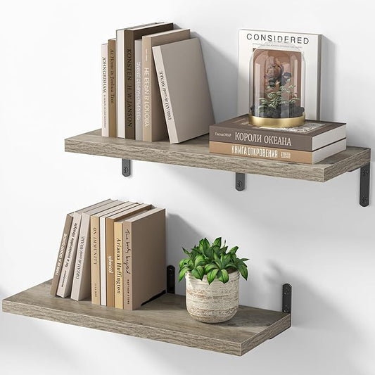 Marsmiles Extra Wide Floating Shelves for Wall, 24x8 Inch Natural Wood Grain Bookshelves, Heavy Duty Mounted Shelving for Bathroom, Kitchen, Living Room, Bedroom,Set of 2，Grey