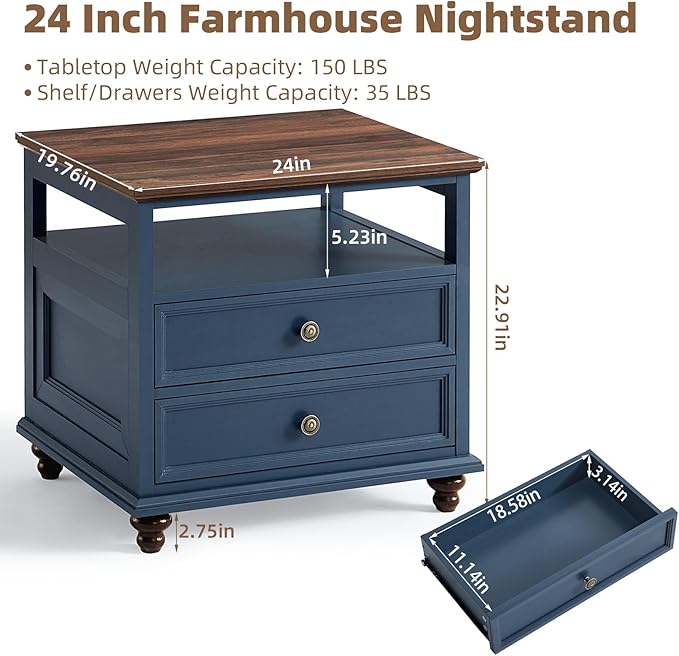 24" Wide Farmhouse Night Stand Set of 2,Large End Table with 2 Drawers & Metal Handle,Blue Wood Dresser for Bedroom, Bed Side Table Chest of Drawers Cabinet, Nightstand for Living Room,Closet