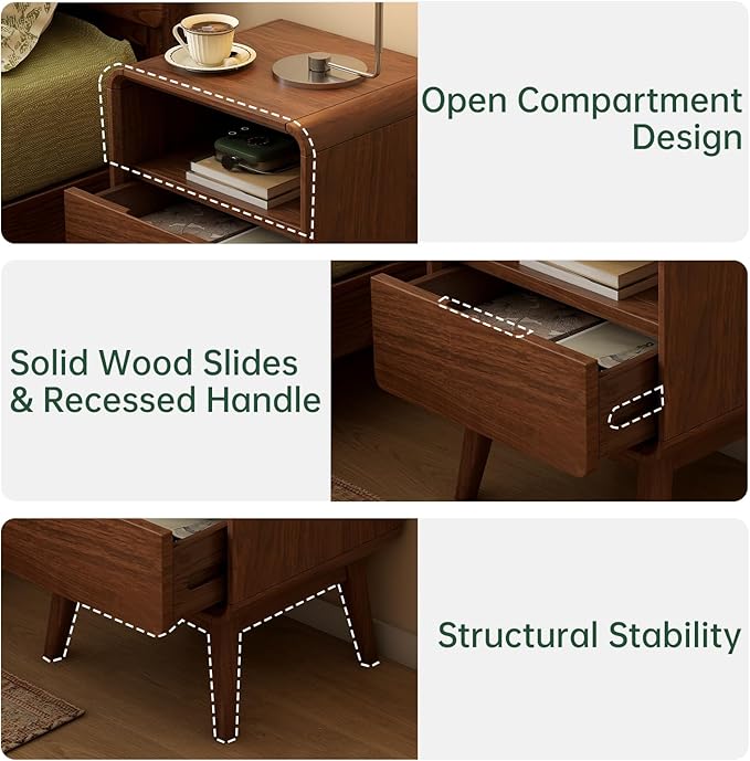 100% Solid Walnut Nightstand with Drawer, Mid-Century Nightstand with Open Storage, Wood Bedside Table for Bedroom,(19.68" H)
