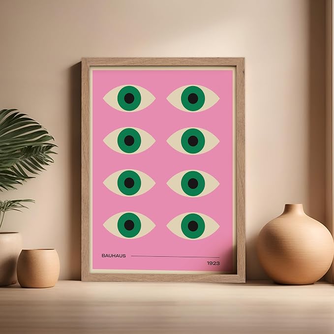 Poster Master Bauhaus Poster - Green Eyes Print - Graphic Design Art - Geometric Art - Chic Boho Art - Mid Century Modern Art - Abstract Art - Living Room or Bedroom Decor - 16x20 Beige Framed