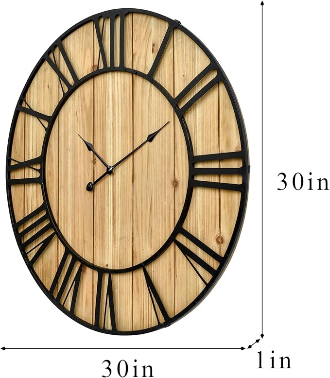 Large Farmhouse Wall Clock 30 Inch Vintage Brown Wooden Wall Clock with Quiet Ticking and Minimalist Roman Numerals for Bedroom Living Room Office Kitchen Home Decor, Battery Operated