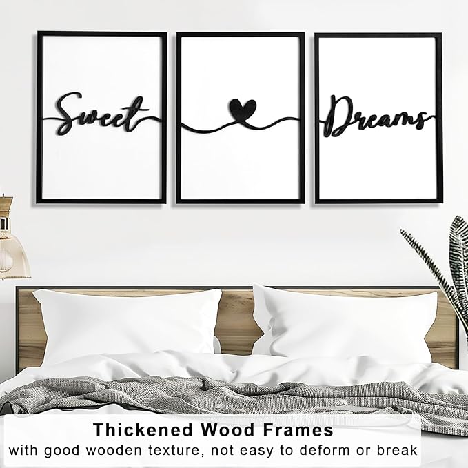 3D Wood Sweet Dreams Wall Decor Above Bed Decors, Bedroom Wall Art 36x16”, Black Wall Decor for Bedroom (12x16 inches, Set of 3, Framed)