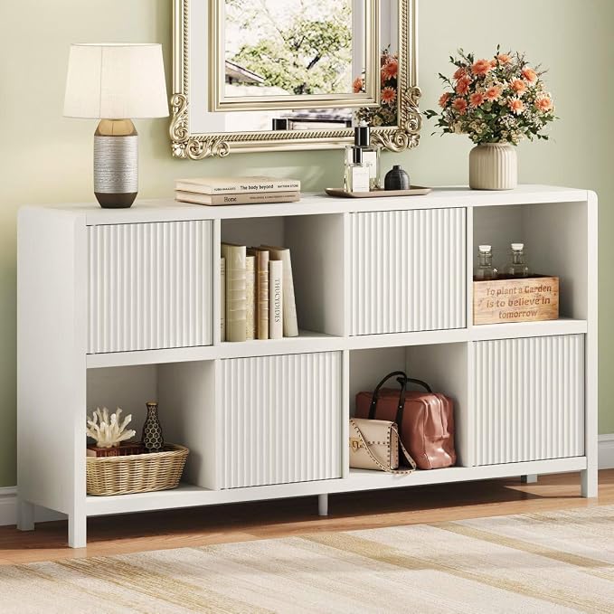 FATORRI Bookcase 8 Cube Storage Organizer, Horizontal Bookshelf with 4 Doors, Long Wooden Book Shelf for Home Office, Bedroom, Entryway (Antique White)