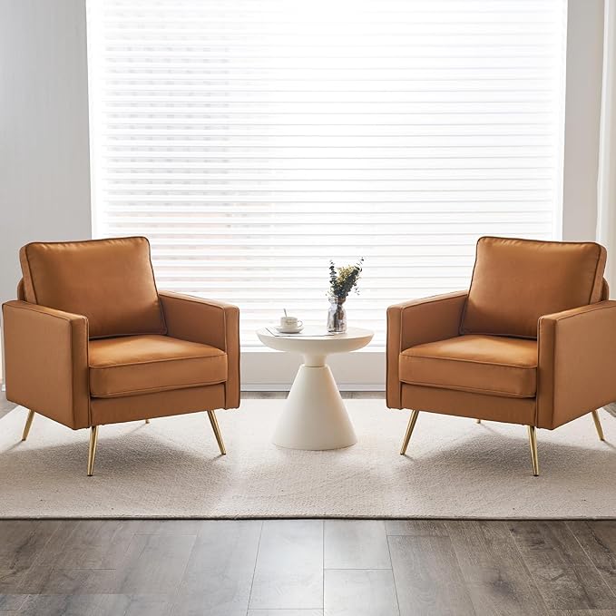 VINGLI Modern PU Leather Accent Chair for Living Room,Bedroom Comfy Chair Arm Chair Reading Chair with Golden Metal Legs and Deep Seat for Office,Apartment,Small Space,Cognac
