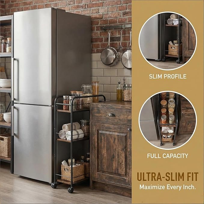 Small Bar Cart for Small Spaces, 3-Tier Slim Rolling Kitchen Cart on Wheels, Narrow Cart with Protective Fence, Industrial Mini Coffee Station for Home,Living Room,Bathroom, Rustic Brown