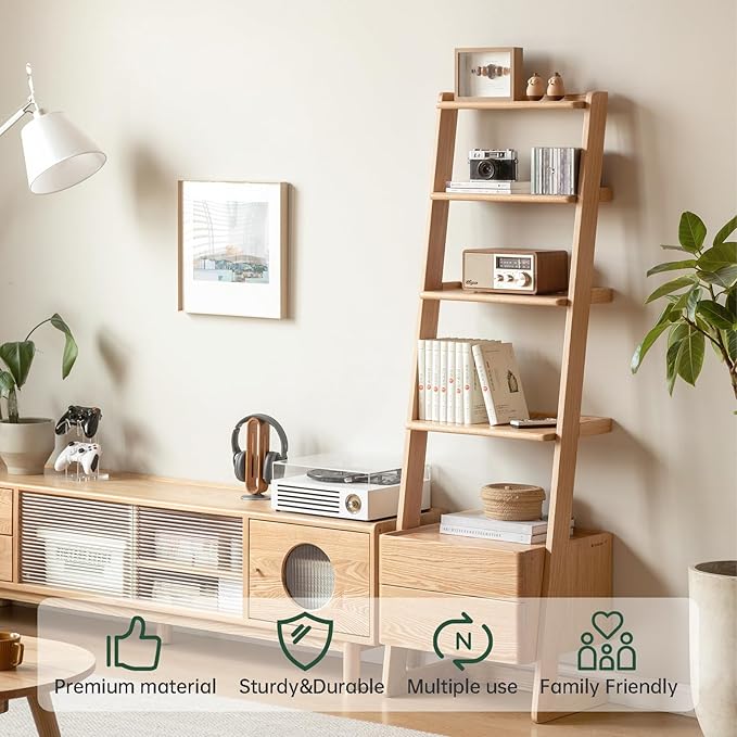 100% Solid Wood 5 Tier Ladder Shelf, Tall Narrow Bookshelf with Storage, 63.78" Tall Bookcase with Drawers, Display Shelf Unit for Living Room Bedroom