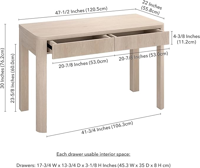 Henn&Hart 48" Fluted Modern Rectangular Wooden Home Office Desk Computer Desk Writing Table with 2 Ribbed Storage Drawers for Bedroom, Living Room, or Home Office, Beech White