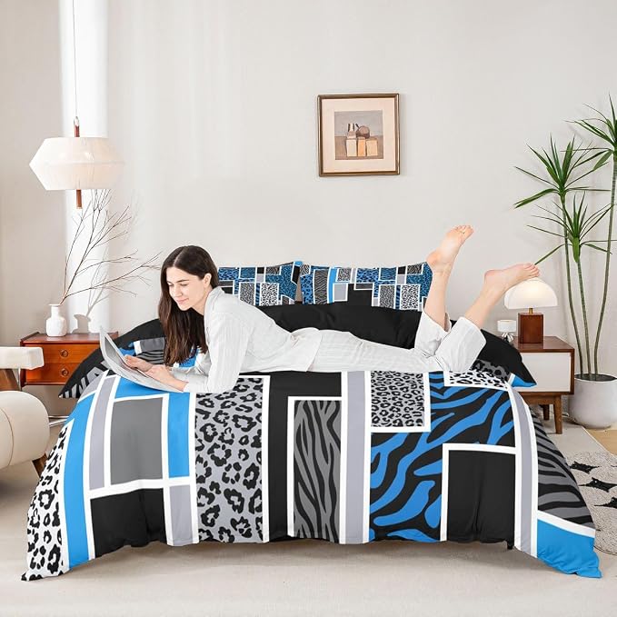 Erosebridal Leopard Zebra Print Duvet Cover Queen Blue Black Geometric Stripe Patchwork Bedding Set Rustic Animal Skin Texture Comforter Cover for Kids Teen Adults,Jungle Wildlife Bed Set