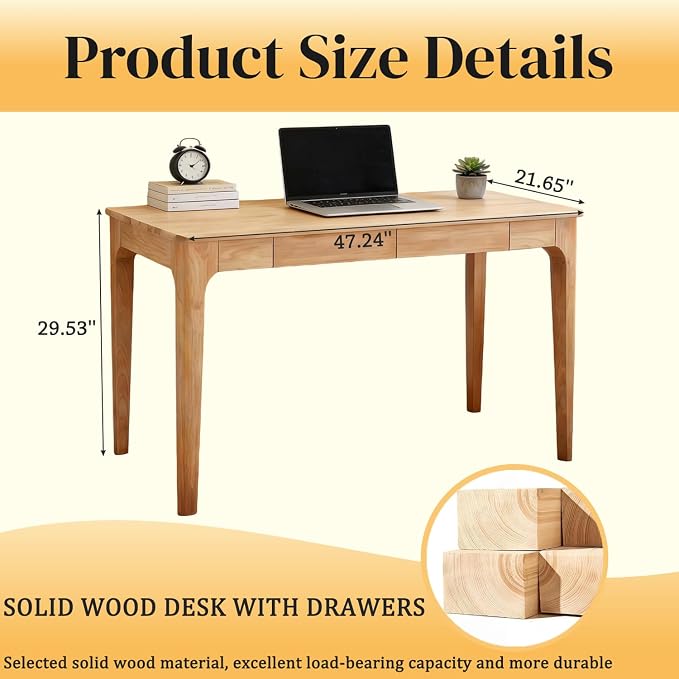 Small Solid Wood Computer Desk with Drawers, Home Office Desk with Storage for Small Spaces, Mid-Century Modern Study Writing Table for Bedroom, Living Room, Office, Gaming Room (Natural)