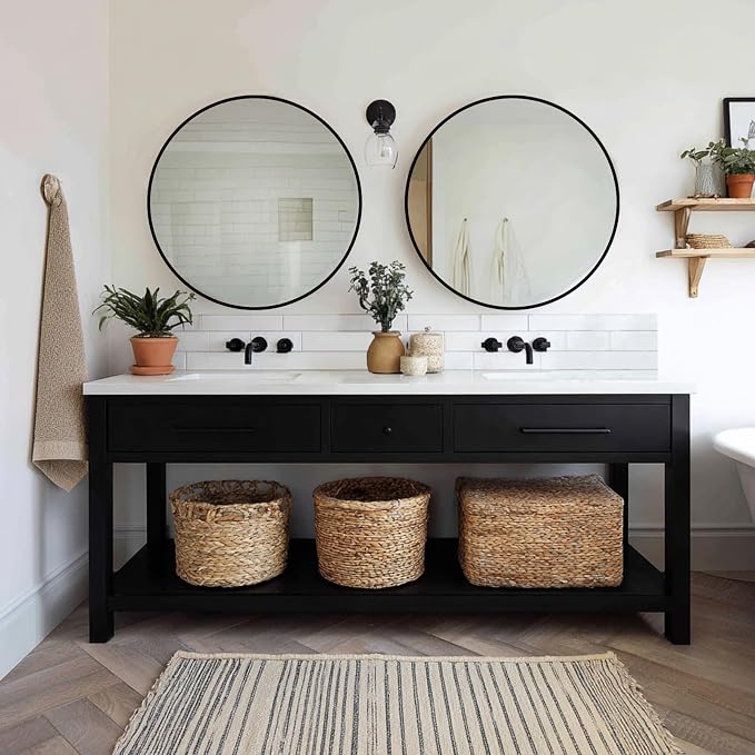 Sunniry Black Round Mirror 24 inch, 2 Pack Black Circle Mirror, Round Wall Mirrors Metal Frame for Bathroom, Bedroom, Living Room, Hallway.