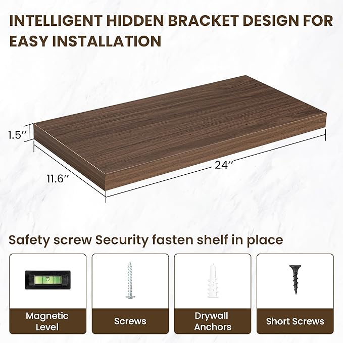 24 Inch Floating Shelves, 12 Inch Deep Floating Shelves for Wall, Floating Shelf with Invisible Brackets, Deep Shelves for Bathroom, Bedroom, Living Room, 2 Pack, Walnut