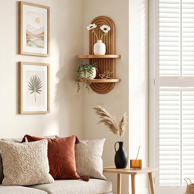 SweetSage Boho Wall Decor Oak Plant Wall Shelf Mid Century Modern Decor 2 Tier Wooden Floating Shelves for Home Bathroom Bedroom Living Room Nursery Office Art Display 22 x 11.8 Inches
