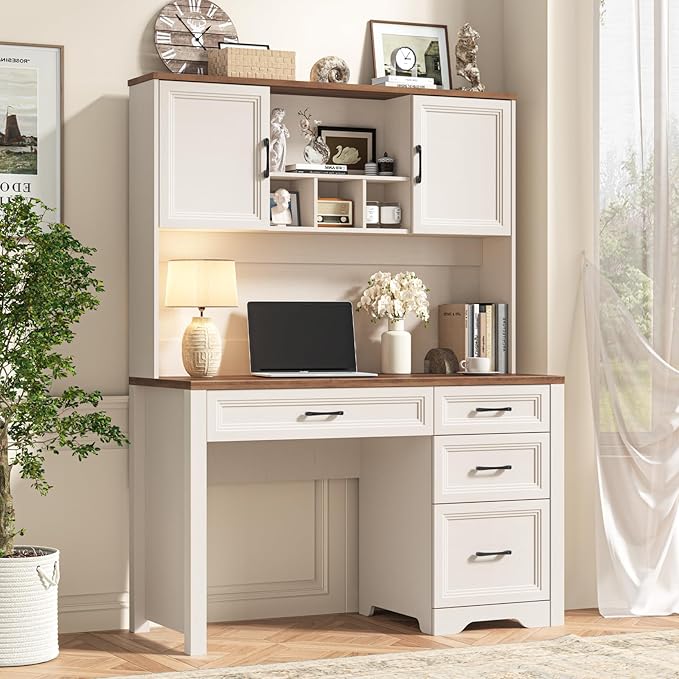 Vabches Farmhouse Executive Desk with 4 Drawers and Storage Cabinet, Rustic Large Home Writing Desk with Hutch, Workstation for Bedroom, White