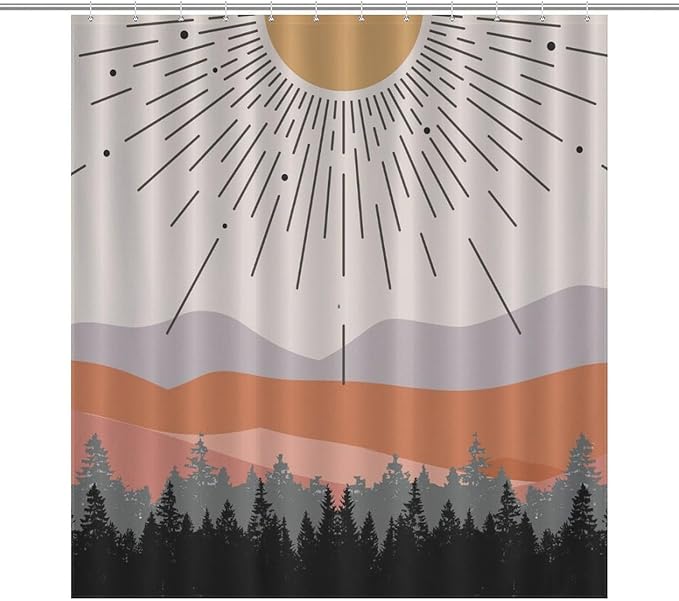Mid Century Boho Shower Curtain,Abstract Sunset Geometric Mountain Forest Aesthetic Bathroom Curtain Polyester Waterproof Fabric Decor 66x72in（168x183cm）