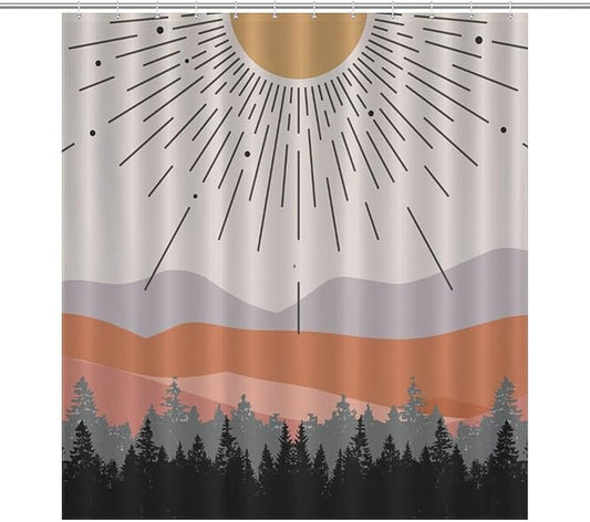 Mid Century Boho Shower Curtain,Abstract Sunset Geometric Mountain Forest Aesthetic Bathroom Curtain Polyester Waterproof Fabric Decor 66x72in（168x183cm）