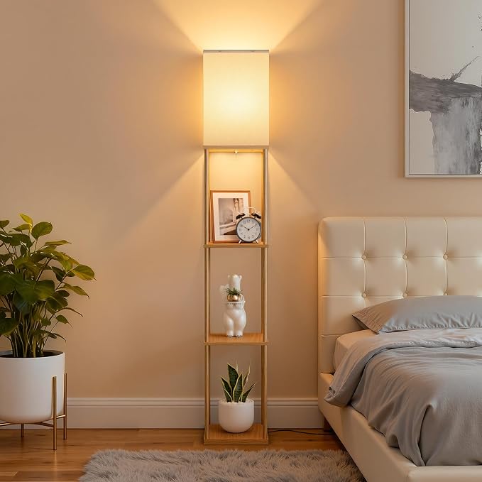 FOLKSMATE Floor Lamp with Shelves, 3-Tier Modern Square Bookshelf Floor Lamp, 3 Color Temperature Bulb Included, Floor Lamps for Living Room Bedroom Corner - Wood
