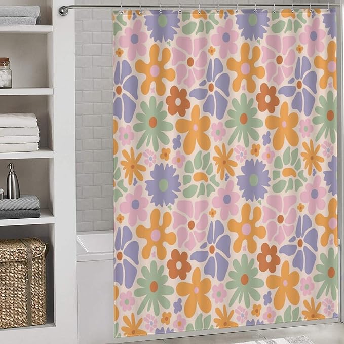 Mid Century Colorful Floral Shower Curtain, Boho Abstract Vintage Retro Orange Flower Botanical Aesthetic Washable Waterproof Fabric for Bathroom Decor Bathtub with 12 Hooks 66x72in（168x183cm）