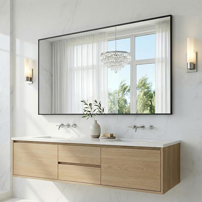 55"x30" Black Landscape Bathroom Mirror for Double Vanity, Shatterproof Tempered Glass, Narrow Metal Frame, Ultra-Flush Wall-Mounted