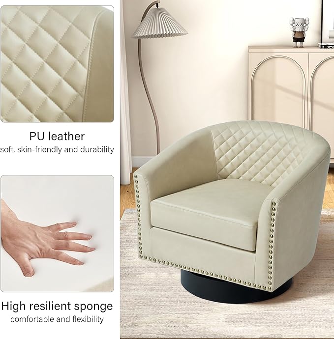 Swivel Barrel Accent Chair, Comfy Modern Upholstered Round Faux Leather Arm Chair for Living Room, Bedroom - Beige, Set of 2